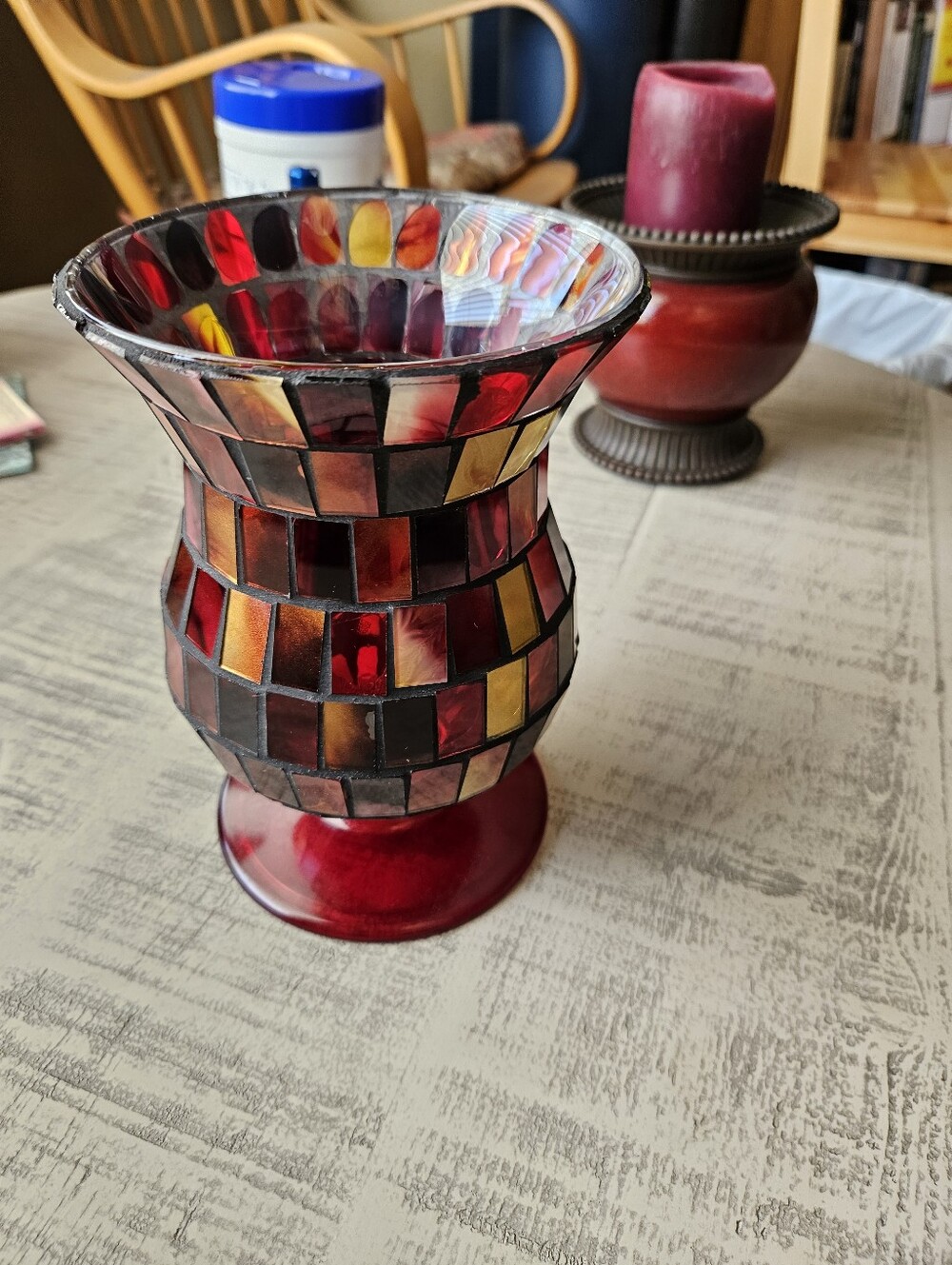 Red Mosaic Stained Glass Vase /Candle Holder